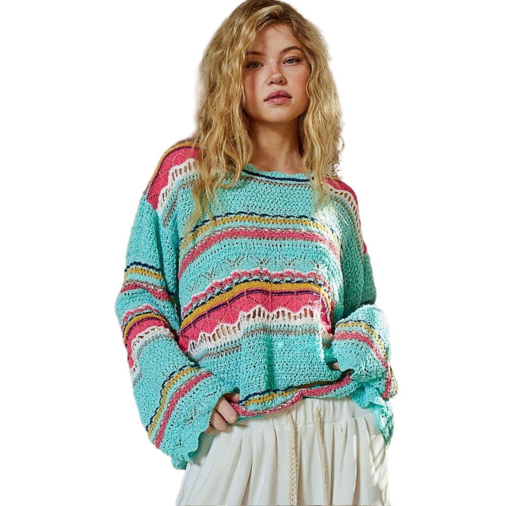 POL Multi Color Striped Lightweight Open Knit Sweater in Mint Multi